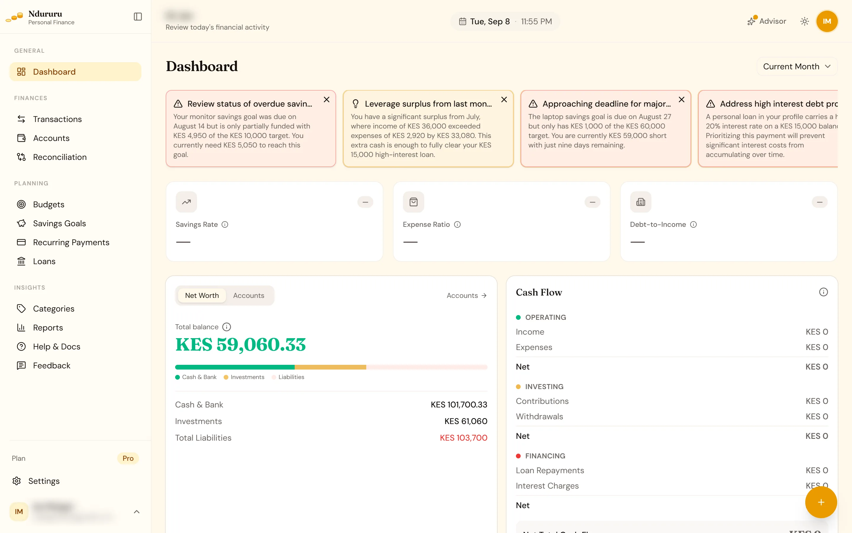 The Ndururu dashboard, showing a full net worth breakdown, cash flow, and budget insights